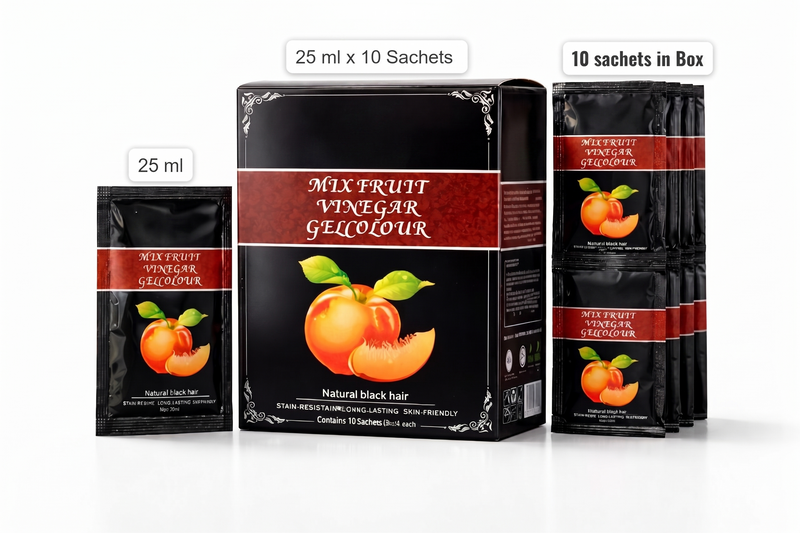 SKINPLUS Mix Fruit Vinegar Hair Color Sachets – Natural Black Hair Dye with 100% Grey Coverage (10 x 25ml Pack)